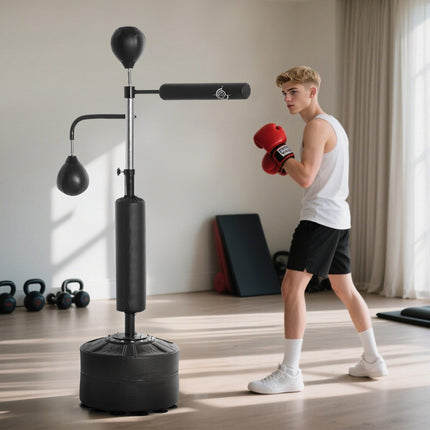 4-in-1 Boxing Punching Bag Stand with 2 Speedballs, 360° Reflex Bar & Adjustable Height - Black
