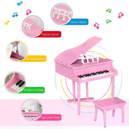 Modern Kids 30-Key Mini Grand Piano Set of 2 with Music Stand and Bench - Pink