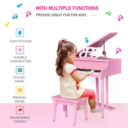 Modern Kids 30-Key Mini Grand Piano Set of 2 with Music Stand and Bench - Pink