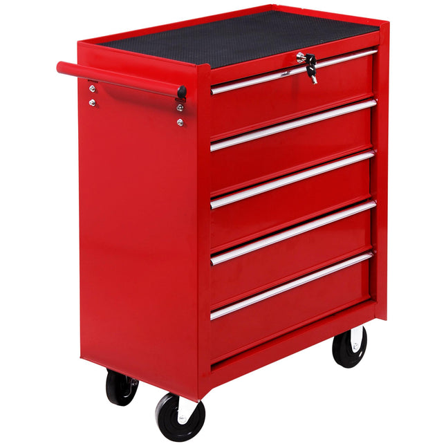 5 Drawer Lockable Steel Tool Chest on Wheels with Side Handle - Red