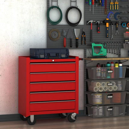 5 Drawer Lockable Steel Tool Chest on Wheels with Side Handle - Red