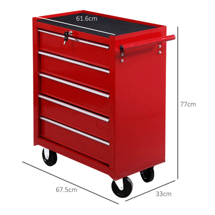 5 Drawer Lockable Steel Tool Chest on Wheels with Side Handle - Red