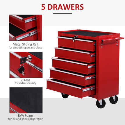 5 Drawer Lockable Steel Tool Chest on Wheels with Side Handle - Red