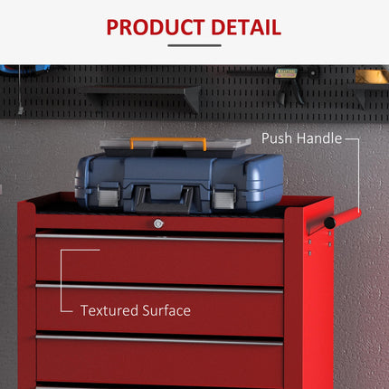 5 Drawer Lockable Steel Tool Chest on Wheels with Side Handle - Red