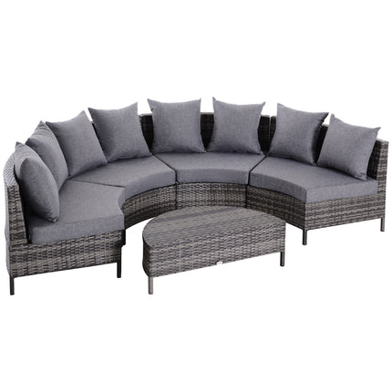 Rattan 4-Seater Half-Round Patio Garden Sofa & Table Set with Cushions and Pillows - Grey