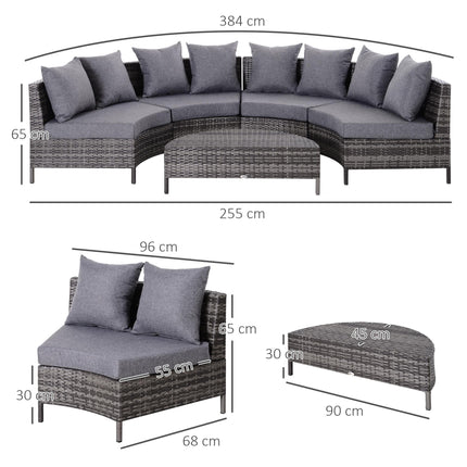 Rattan 4-Seater Half-Round Patio Garden Sofa & Table Set with Cushions and Pillows - Grey