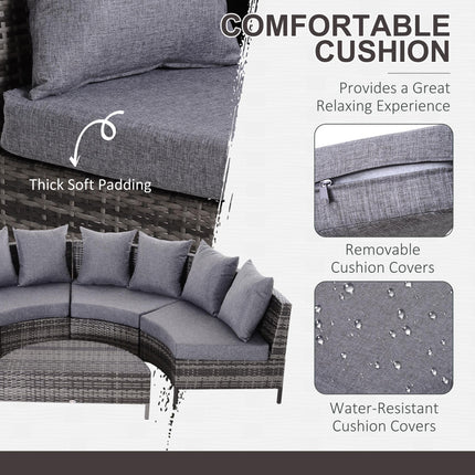 Rattan 4-Seater Half-Round Patio Garden Sofa & Table Set with Cushions and Pillows - Grey