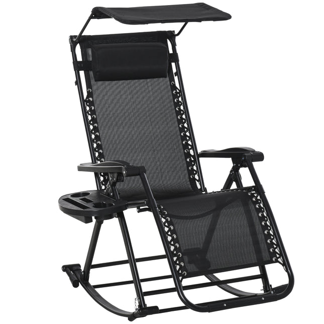 Folding Zero Gravity Rocking Sun Lounger with Headrest and Side Tray - Black