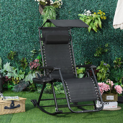 Folding Zero Gravity Rocking Sun Lounger with Headrest and Side Tray - Black