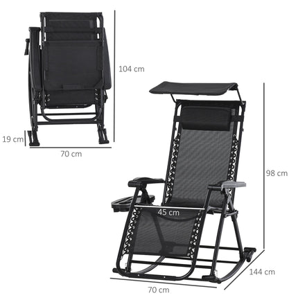 Folding Zero Gravity Rocking Sun Lounger with Headrest and Side Tray - Black