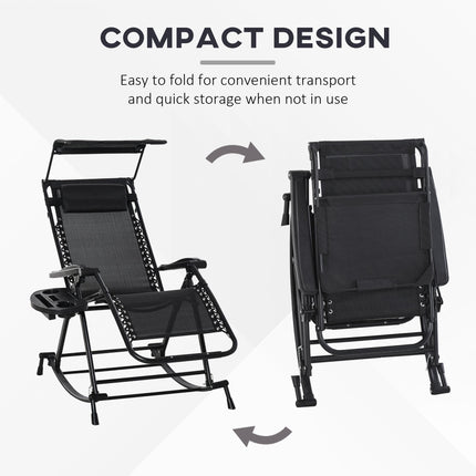 Folding Zero Gravity Rocking Sun Lounger with Headrest and Side Tray - Black