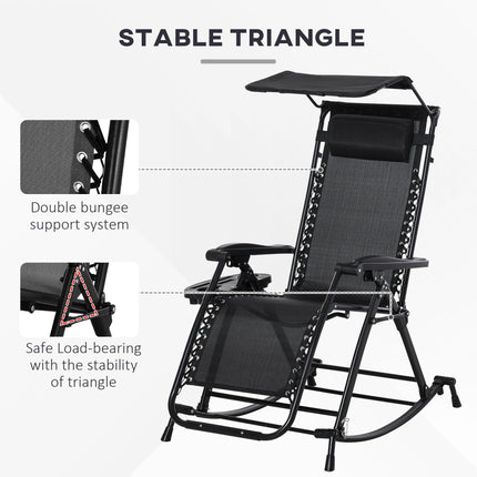 Folding Zero Gravity Rocking Sun Lounger with Headrest and Side Tray - Black