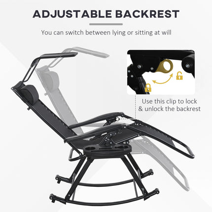 Folding Zero Gravity Rocking Sun Lounger with Headrest and Side Tray - Black