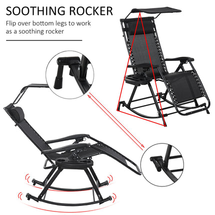 Folding Zero Gravity Rocking Sun Lounger with Headrest and Side Tray - Black