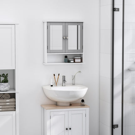 Wall Mounted Bathroom Mirror Cabinet with Double Doors and Adjustable Shelf - Grey