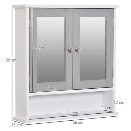 Wall Mounted Bathroom Mirror Cabinet with Double Doors and Adjustable Shelf - Grey