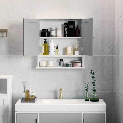 Wall Mounted Bathroom Mirror Cabinet with Double Doors and Adjustable Shelf - Grey