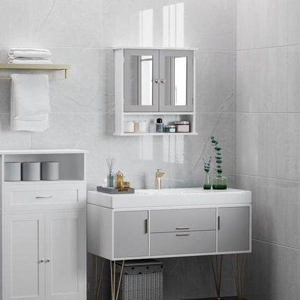 Wall Mounted Bathroom Mirror Cabinet with Double Doors and Adjustable Shelf - Grey