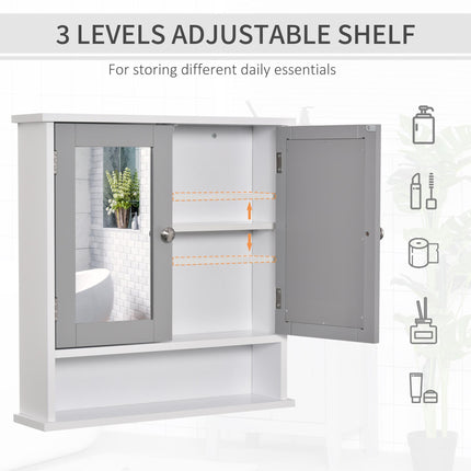 Wall Mounted Bathroom Mirror Cabinet with Double Doors and Adjustable Shelf - Grey