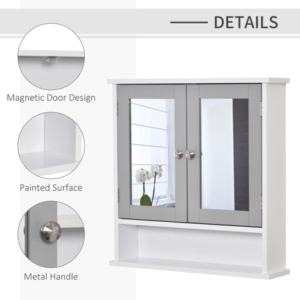Wall Mounted Bathroom Mirror Cabinet with Double Doors and Adjustable Shelf - Grey