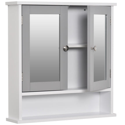 Wall Mounted Bathroom Mirror Cabinet with Double Doors and Adjustable Shelf - Grey