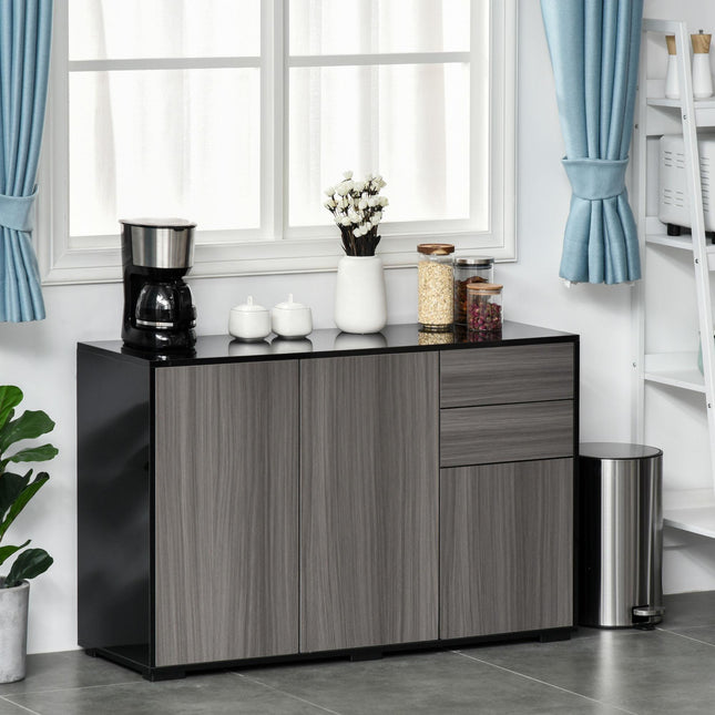 High Gloss Frame Sideboard with 2 Push-Open Drawers - Light Grey and Black