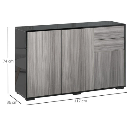 High Gloss Frame Sideboard with 2 Push-Open Drawers - Light Grey and Black