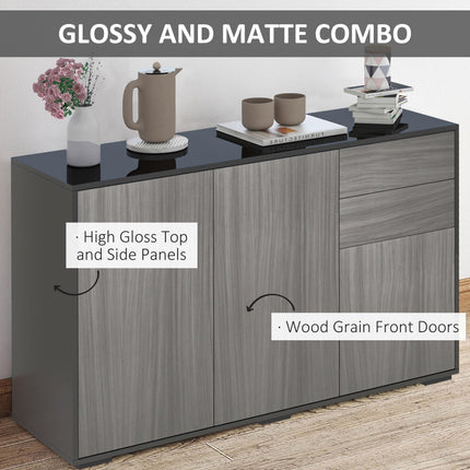High Gloss Frame Sideboard with 2 Push-Open Drawers - Light Grey and Black