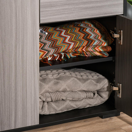 High Gloss Frame Sideboard with 2 Push-Open Drawers - Light Grey and Black