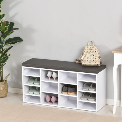 Multi-Storage Shoe Rack with 14 Compartments, Cushion Seat & Removable Shelves - White