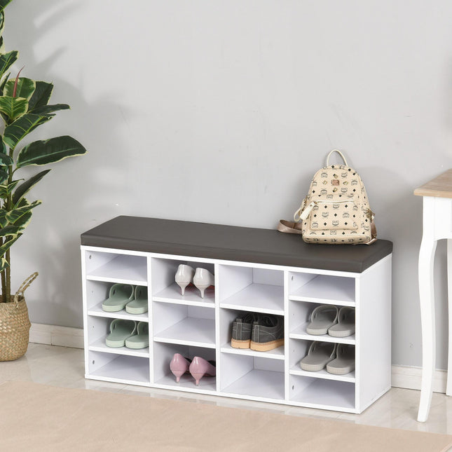 Multi-Storage Shoe Rack with 14 Compartments, Cushion Seat & Removable Shelves - White
