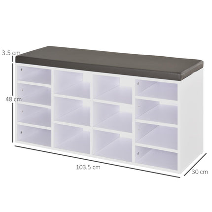 Multi-Storage Shoe Rack with 14 Compartments, Cushion Seat & Removable Shelves - White