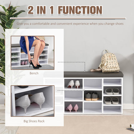 Multi-Storage Shoe Rack with 14 Compartments, Cushion Seat & Removable Shelves - White
