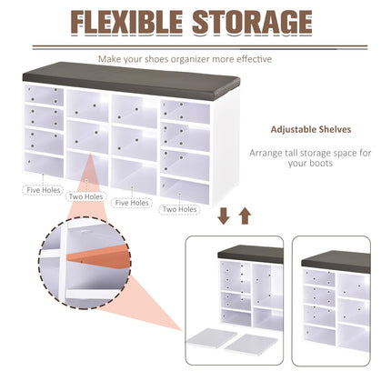 Multi-Storage Shoe Rack with 14 Compartments, Cushion Seat & Removable Shelves - White