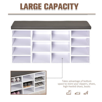 Multi-Storage Shoe Rack with 14 Compartments, Cushion Seat & Removable Shelves - White