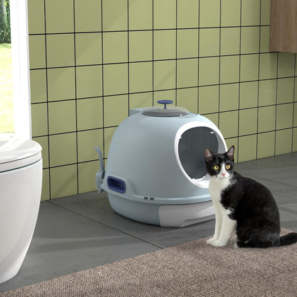 Drawer-Type Cat Litter Box with Skylight and Scoop, Easy to Clean and Move - Tile Blue