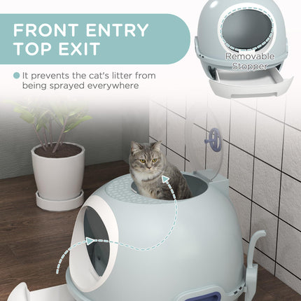 Drawer-Type Cat Litter Box with Skylight and Scoop, Easy to Clean and Move - Tile Blue