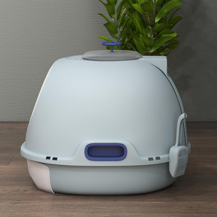 Drawer-Type Cat Litter Box with Skylight and Scoop, Easy to Clean and Move - Tile Blue