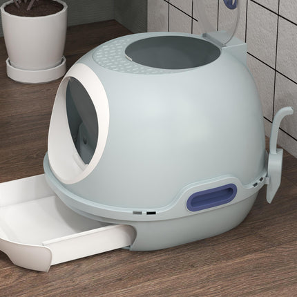 Drawer-Type Cat Litter Box with Skylight and Scoop, Easy to Clean and Move - Tile Blue