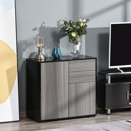 High Gloss Frame Sideboard with 2 Drawers Push-Open Design for Living Room Bedroom - Light Grey Black