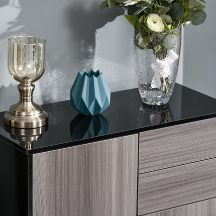 High Gloss Frame Sideboard with 2 Drawers Push-Open Design for Living Room Bedroom - Light Grey Black