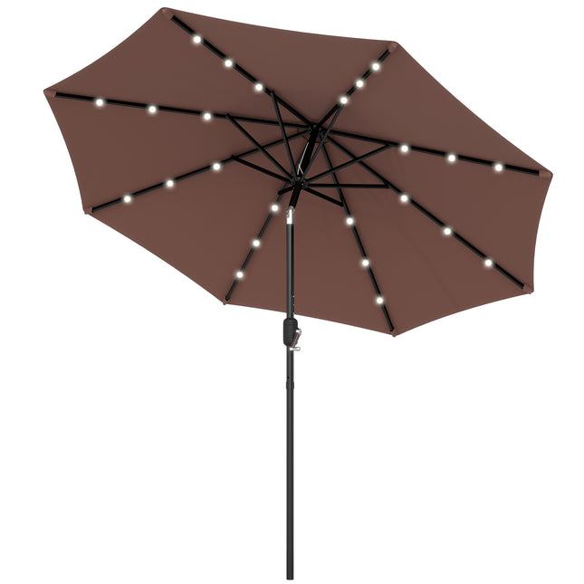 24 LED Solar Garden Parasol with Tilt, Crank Handle & Colour LED Lights - Coffee Brown