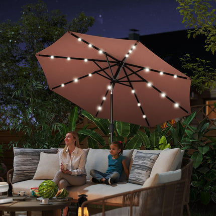 24 LED Solar Garden Parasol with Tilt, Crank Handle & Colour LED Lights - Coffee Brown
