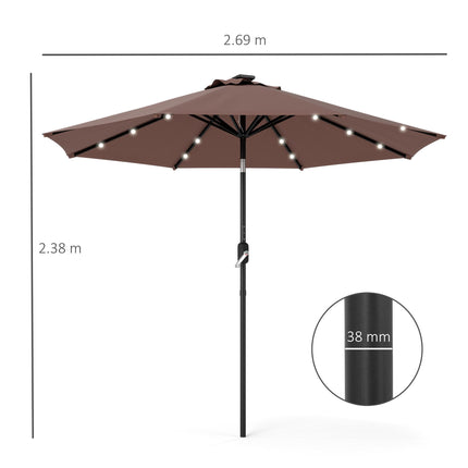 24 LED Solar Garden Parasol with Tilt, Crank Handle & Colour LED Lights - Coffee Brown