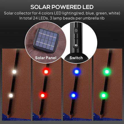 24 LED Solar Garden Parasol with Tilt, Crank Handle & Colour LED Lights - Coffee Brown