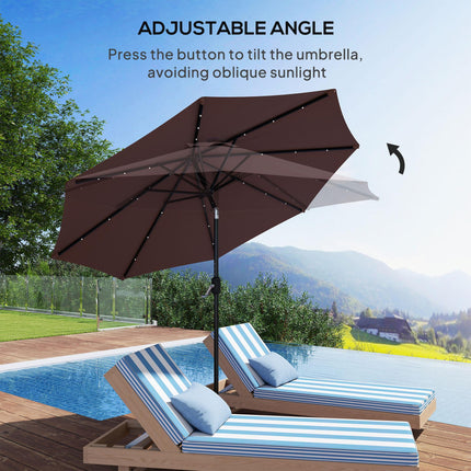 24 LED Solar Garden Parasol with Tilt, Crank Handle & Colour LED Lights - Coffee Brown