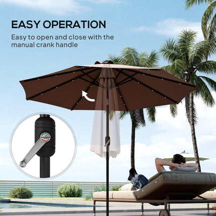 24 LED Solar Garden Parasol with Tilt, Crank Handle & Colour LED Lights - Coffee Brown