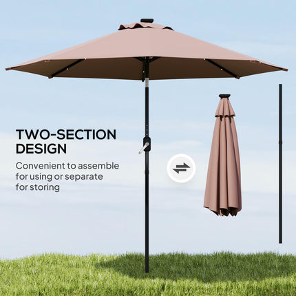 24 LED Solar Garden Parasol with Tilt, Crank Handle & Colour LED Lights - Coffee Brown