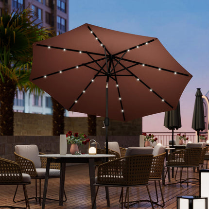 24 LED Solar Garden Parasol with Tilt, Crank Handle & Colour LED Lights - Coffee Brown