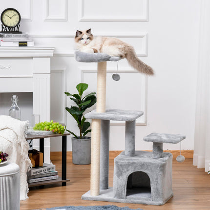 Cat Tree Tower 114cm Climbing Activity Centre with Sisal Scratching Post, Perch & Hanging Ball - Light Grey